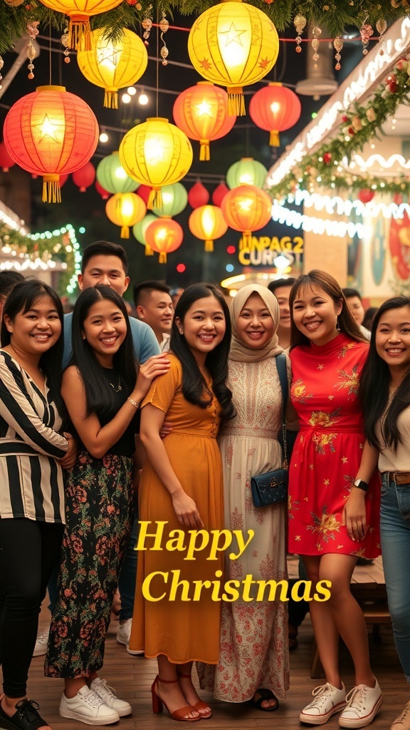 Group of friends in vibrant Christmas outfits celebrating in the Philippines with festive decorations.